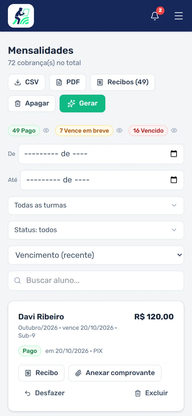 Tela de mensalidades com pagos, a vencer e vencidos
